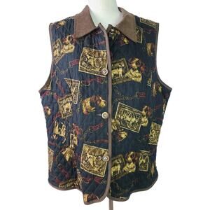Stonebridge Brown Black Bird Dog Spaniel Quilted Vintage Button Front Vest XL